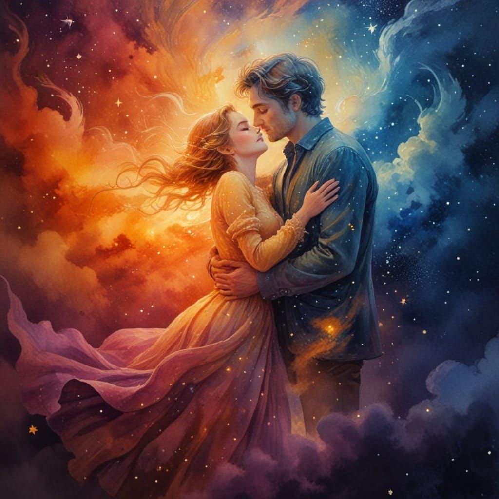 Whimsical Romantic Watercolor of Entwined Souls Under Starry...