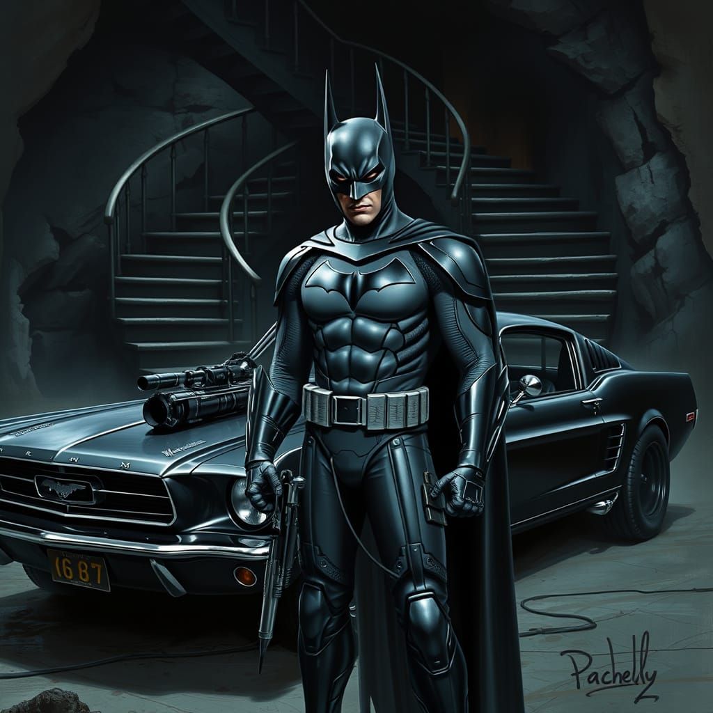 Dark Knight in Tactical Armor Beside Armored Mustang