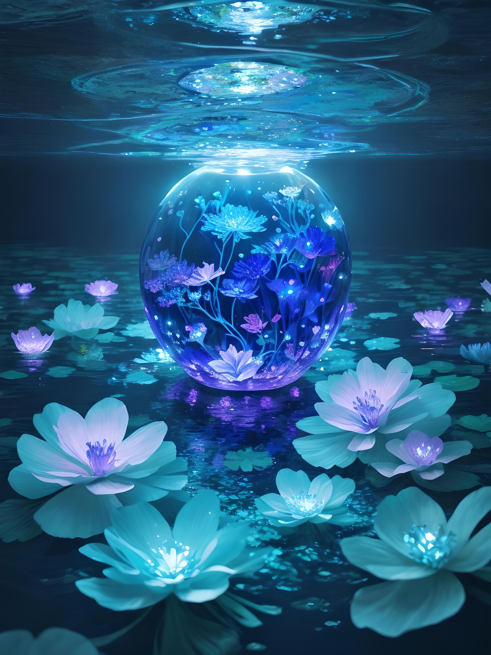 Bioluminescent Flowers Underwater with Aurora Borealis