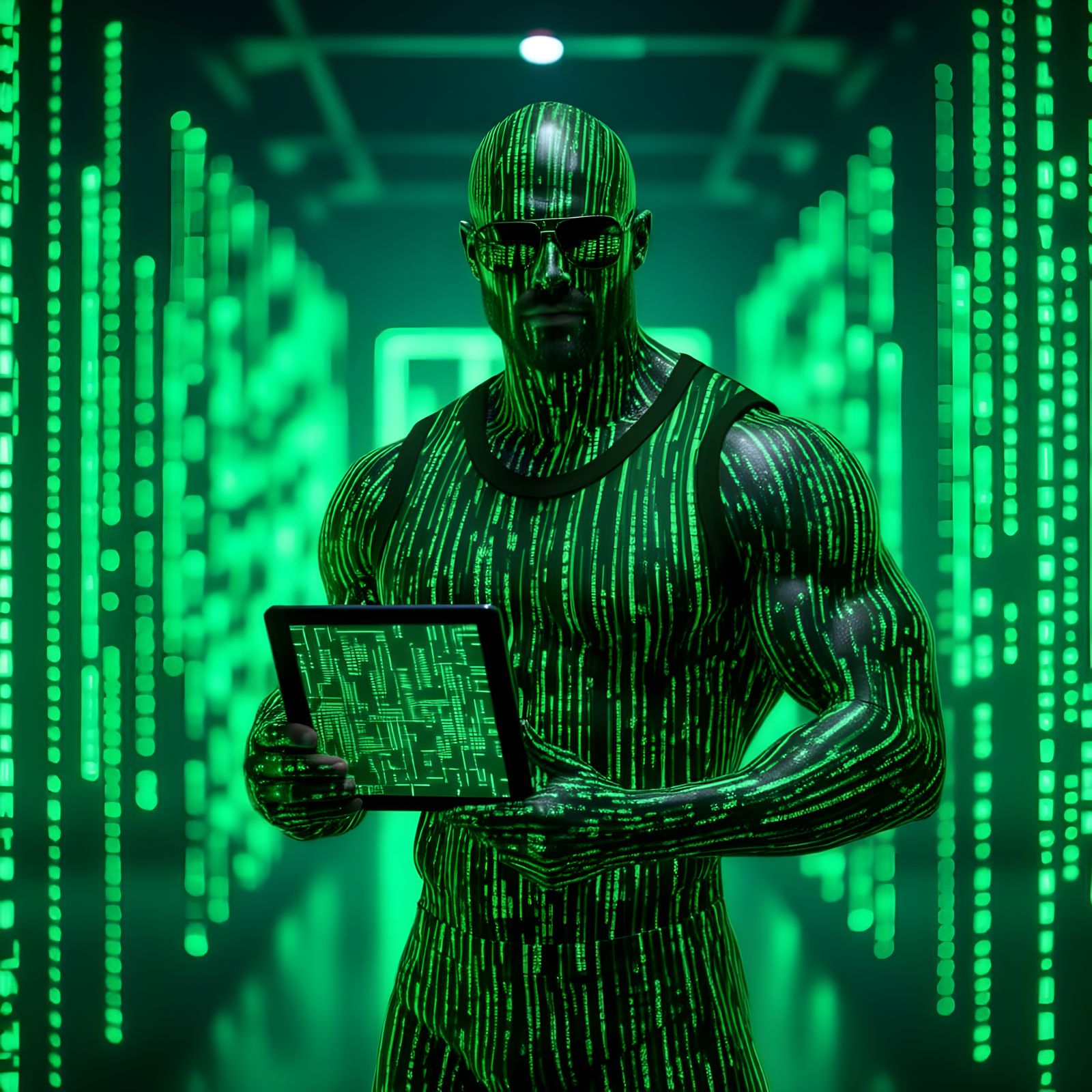Muscular Man in Green Latex with Matrix Algorithms