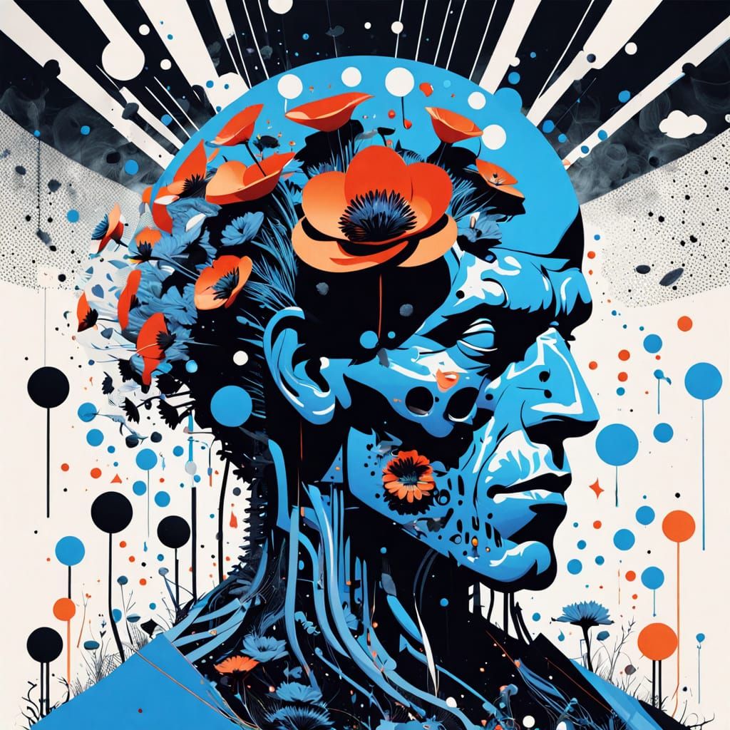 Surreal Brain Surrounded by Blue Poppies, Vintage Style