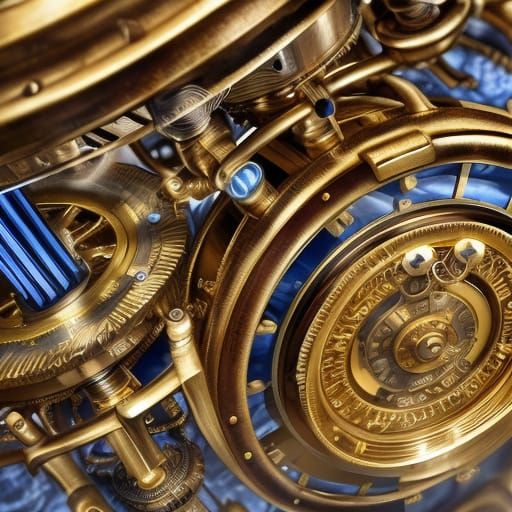 Steampunk Engine Close-up with Brass and Blue Pistons