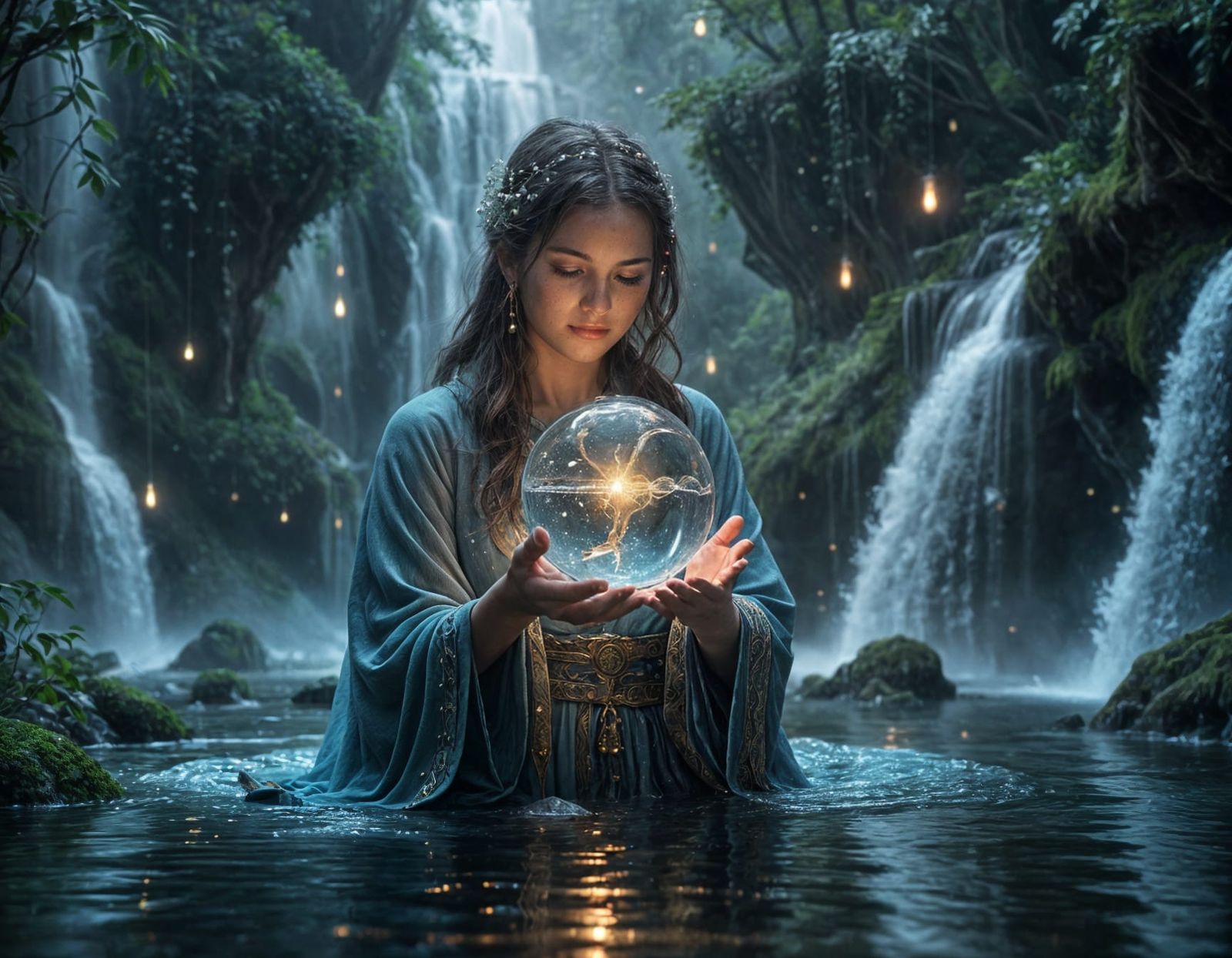 Ethereal Water Sorcerer in Dreamlike Floating Island Realm