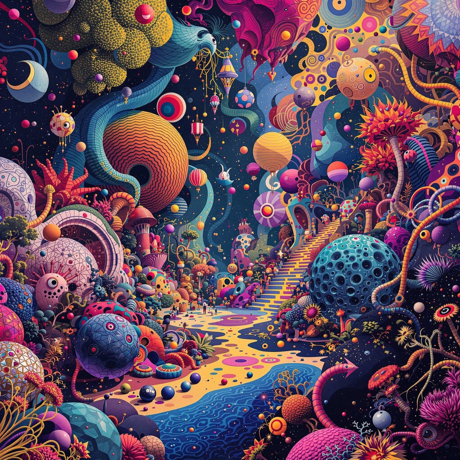 Vibrant Eclectic Art Scene in Playful Futuristic Style