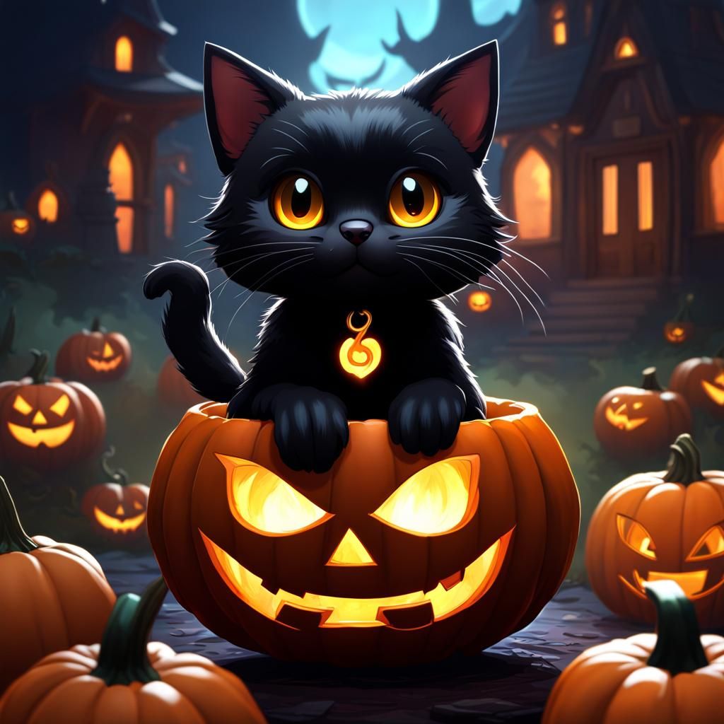 Cute Chibi Cat Puppy in Jack O' Lantern