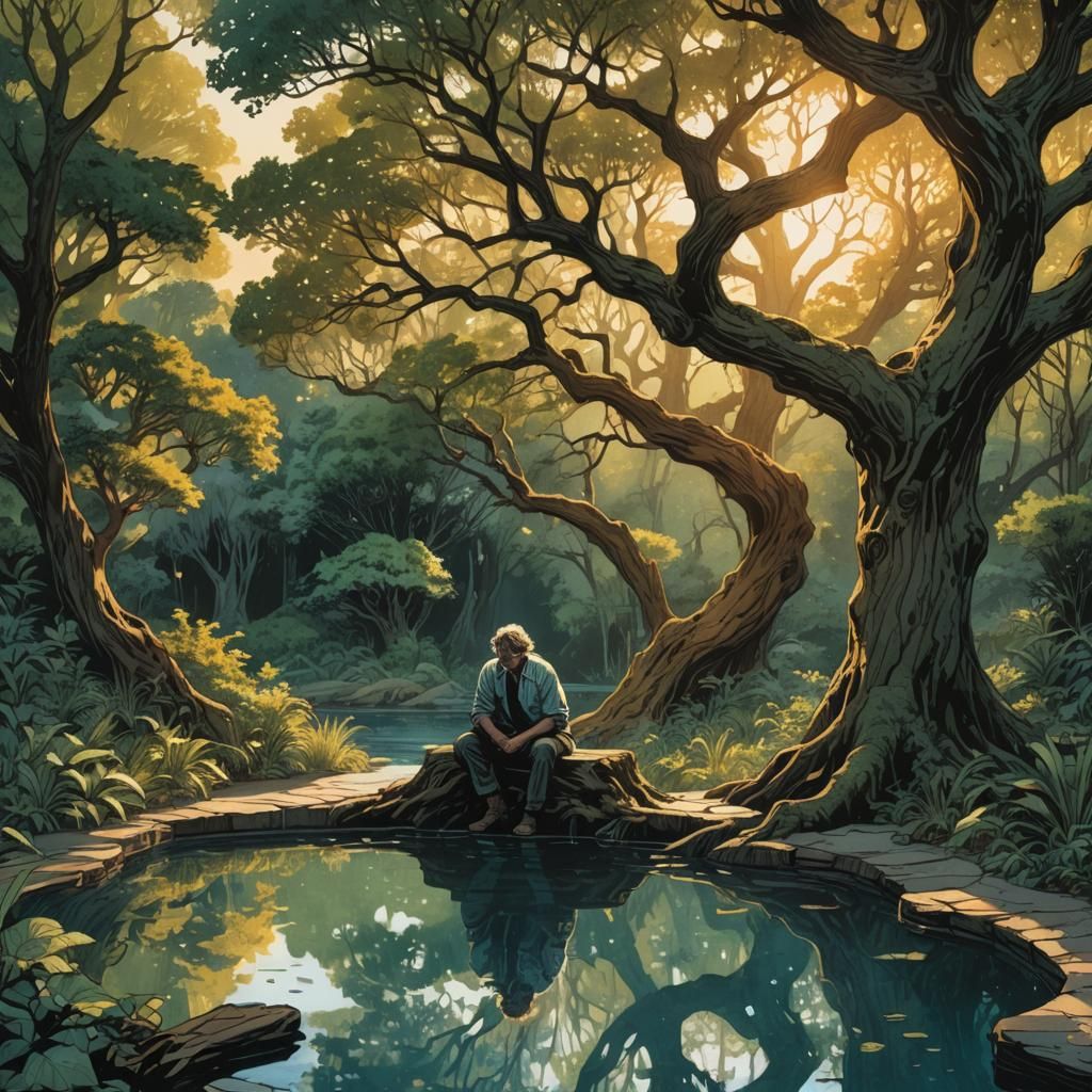 Mystical Pool Scene in Comic Book Style