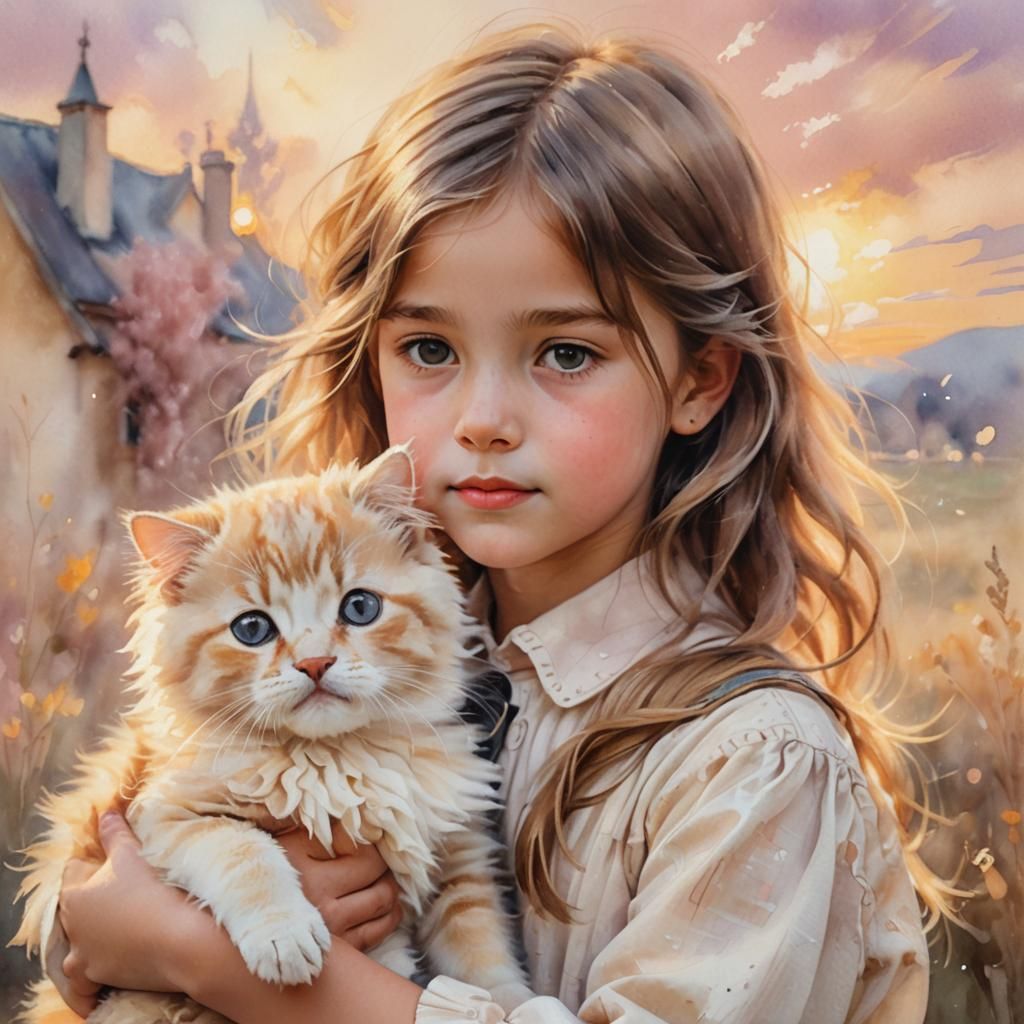 Girl Holding Cat and Dog in Pastel Painting