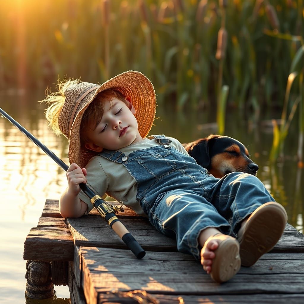Country Boy Sleeps on Dock with Dog in Golden Morning Light
