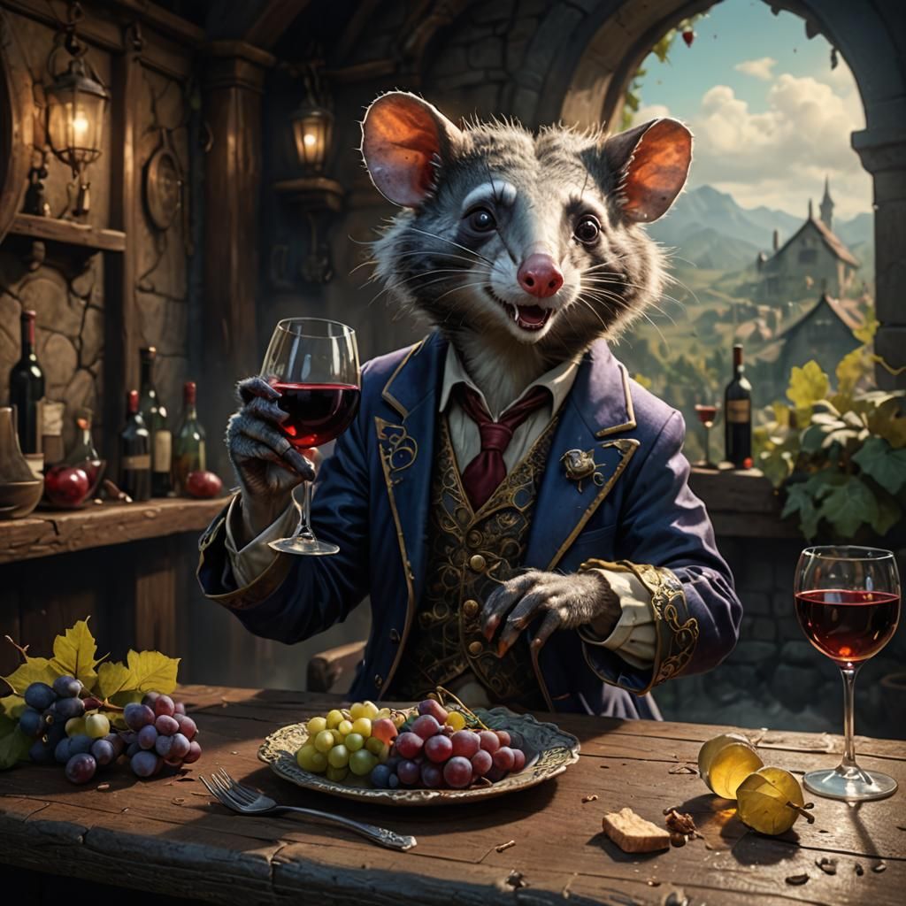 Anthropomorphic Opossum Sipping Wine: Detailed Matte Paintin...