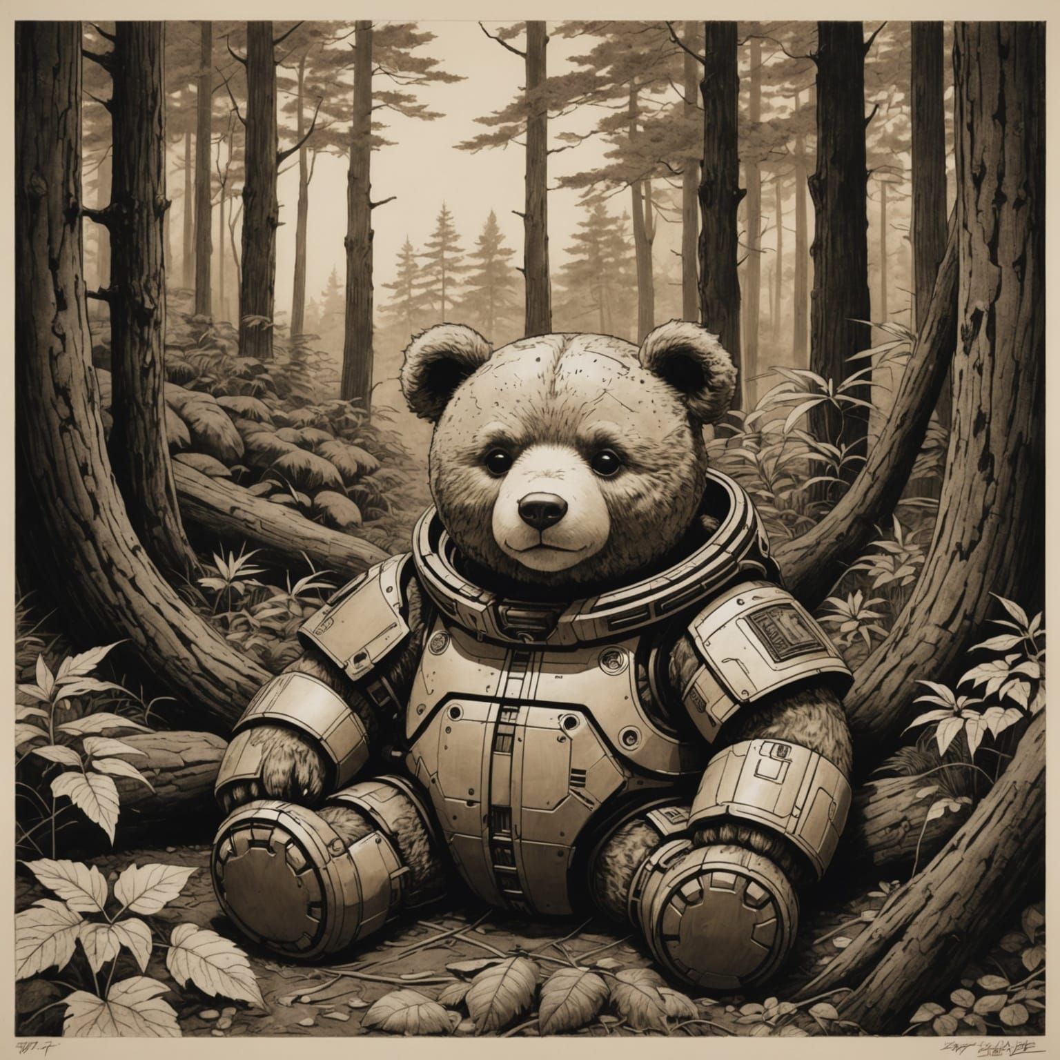 Cyberpunk Teddy Bear Asleep in Forest