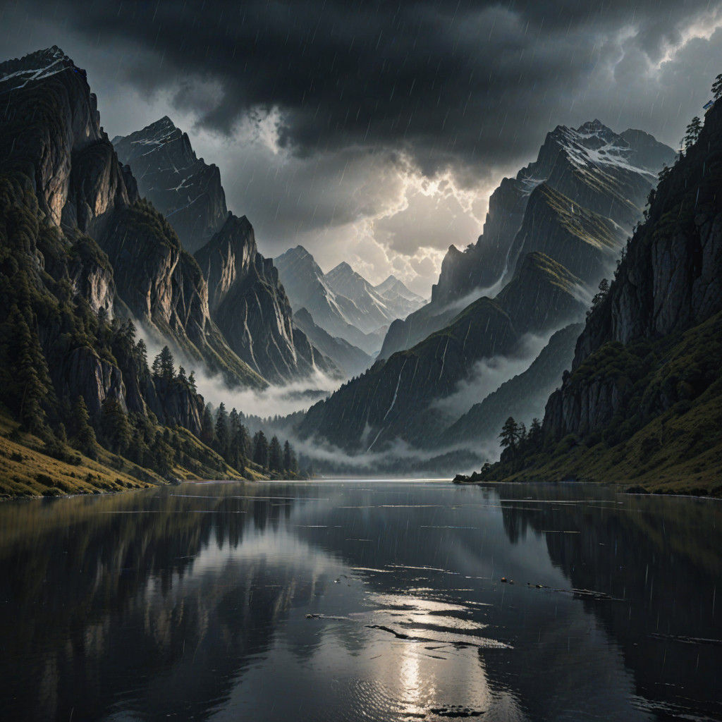 Serene Lake Scene Under Stormy Skies