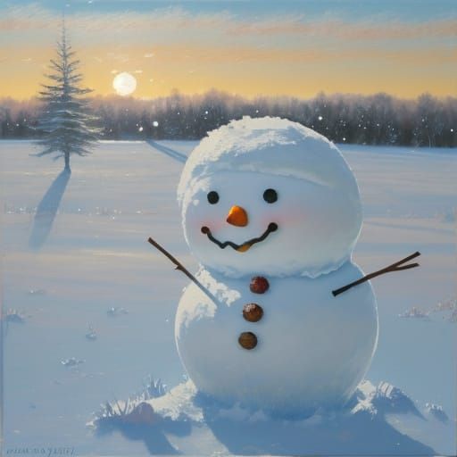 Snowman in Sunny Field Oil Painting with Textured Brushstrok...