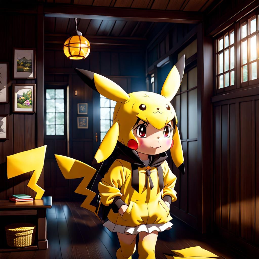 Girl in Pikachu Costume, Detailed Fantasy Art