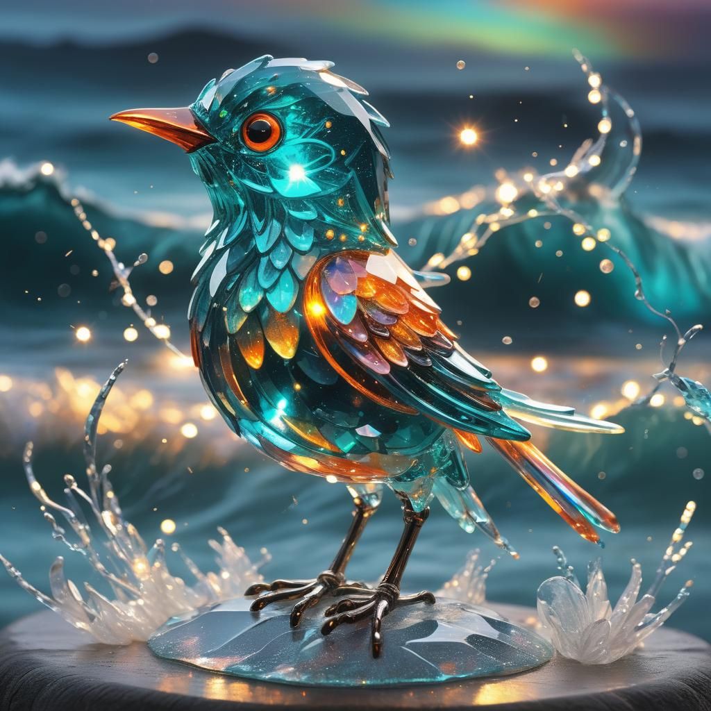 Bioluminescent Crystal Bird with Teal Waves