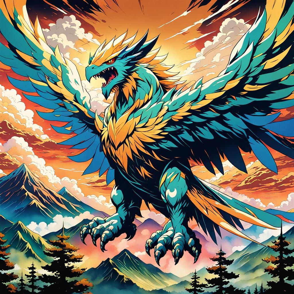 Air Monster Soaring Through Japanese Mountains in Anime Styl...