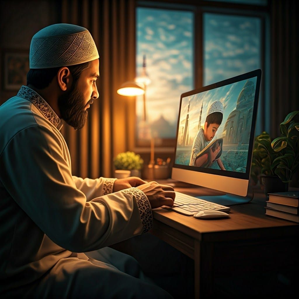 Online Quran Lesson in Dreamlike Digital Art Style