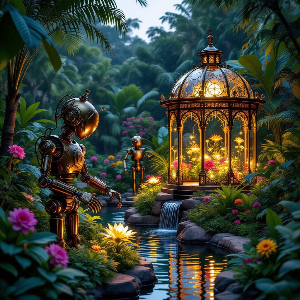 Steampunk Garden at Twilight: Victorian Futurism