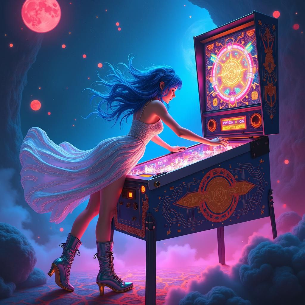 Woman Playing Pinball in Neon-Noir Style