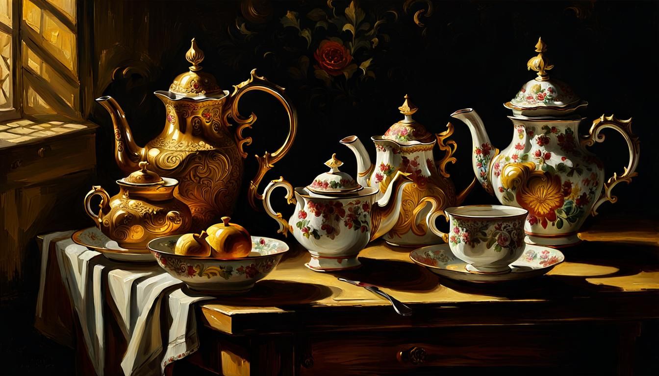 Ornate Teapots in Baroque Still Life Oil Painting