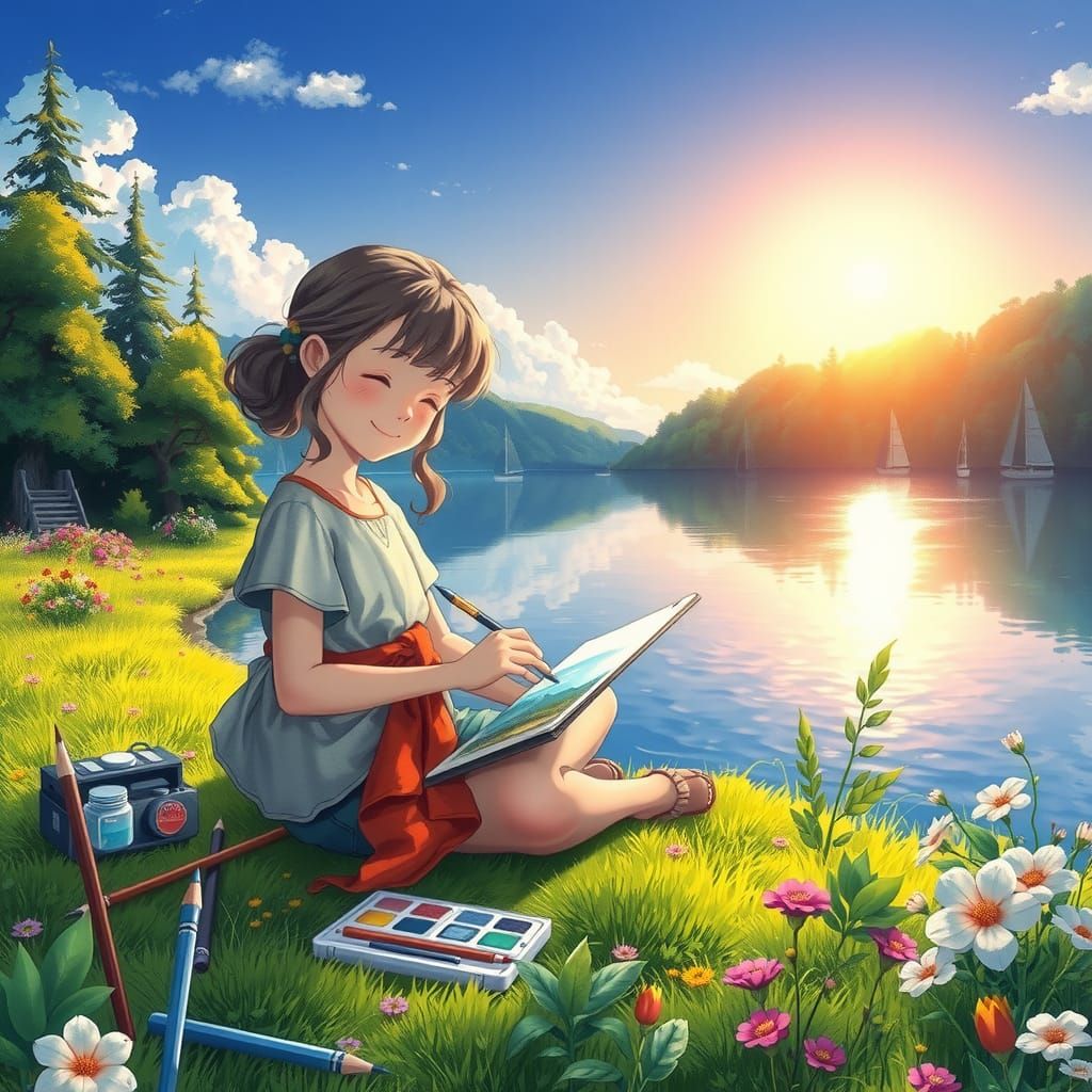 Girl by Lake: Watercolor Anime Scene
