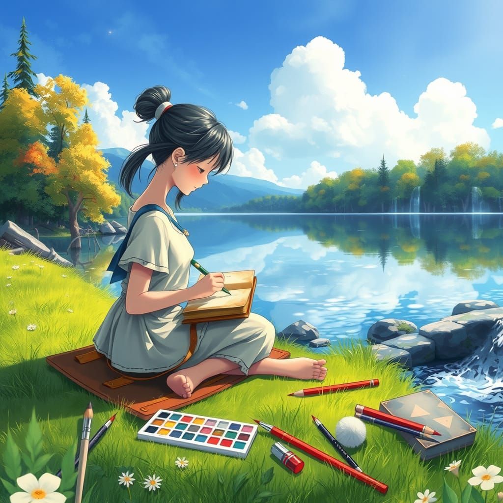 Village Girl Sketching by Lake in Watercolor Style