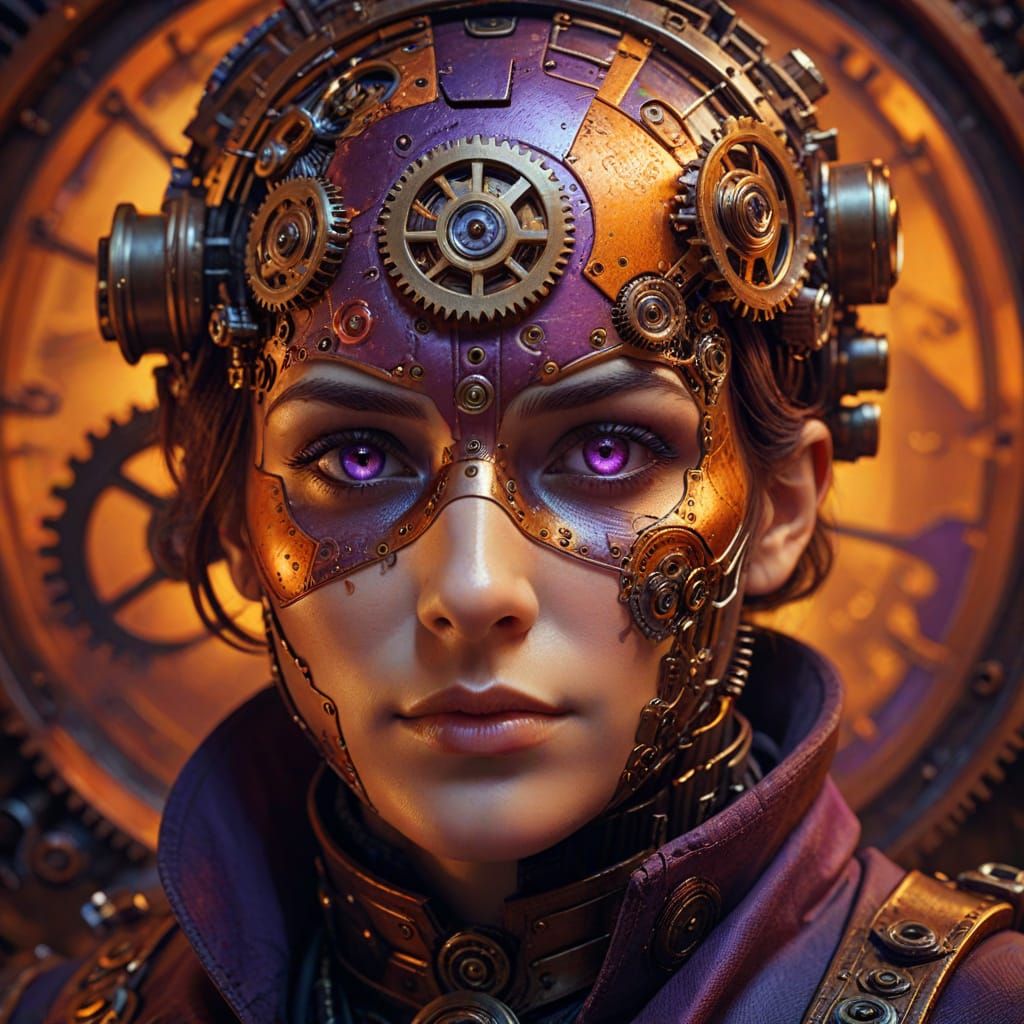 Steampunk Human Face in Vibrant Hues