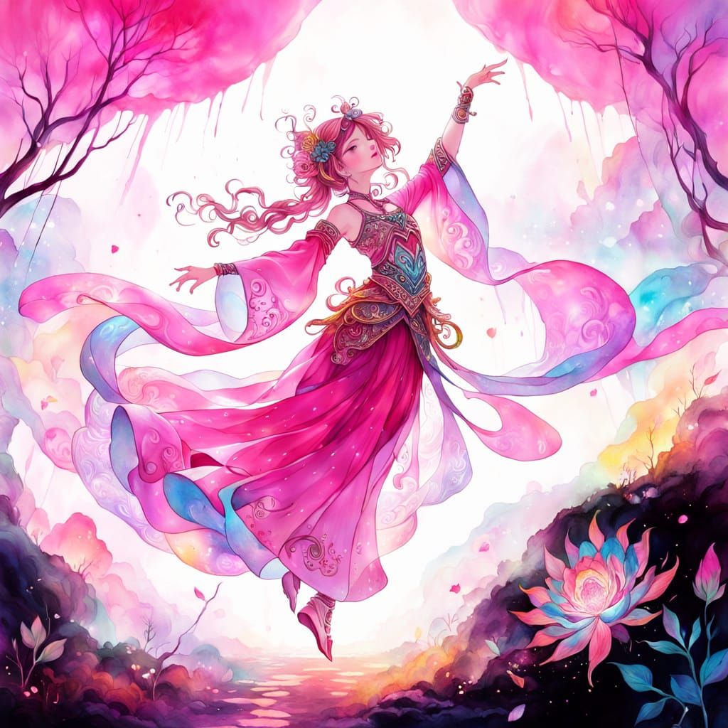 Manga Painting of Divine Dancer in Ethereal Realm