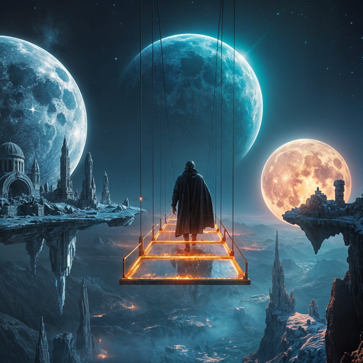 Glass Bridge Between Two Moons in Deep Space