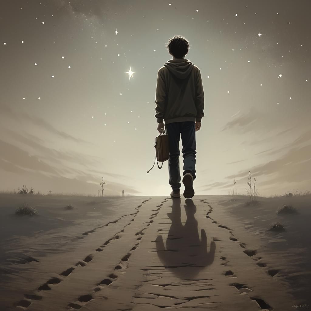 Lone Figure Ascends to Starry Night, Dark Fantasy Art