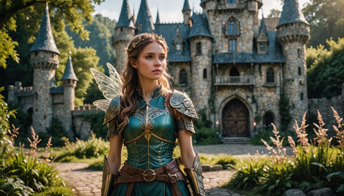 Fairy Warrior Girl in Front of Fairy Castle