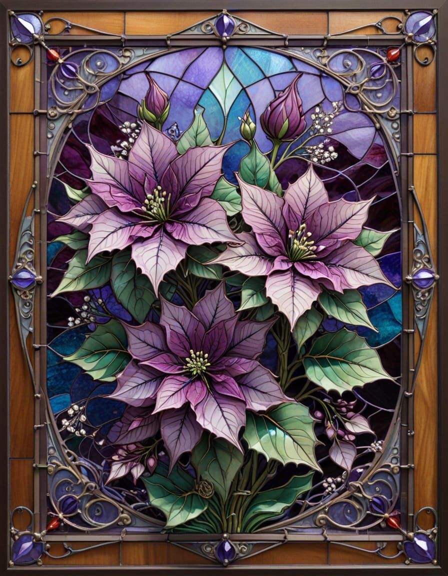 Purple Poinsettia and Baby's Breath Stained Glass Art