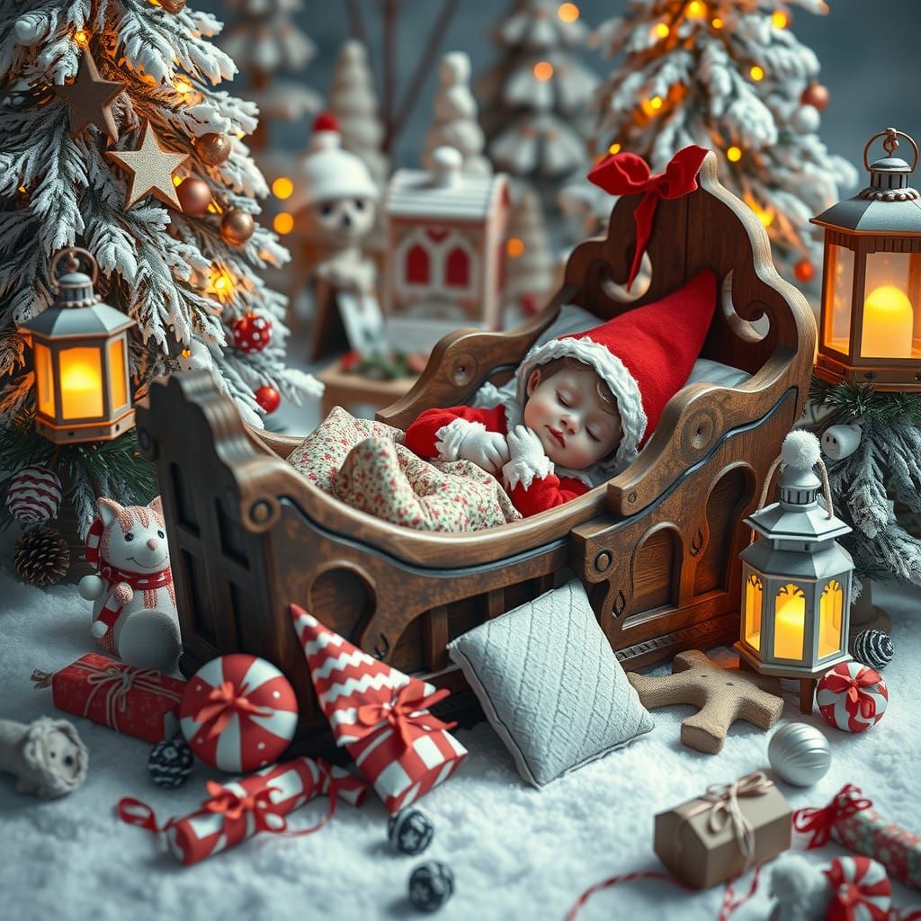 Cozy Elf Child in Winter Wonderland Scene