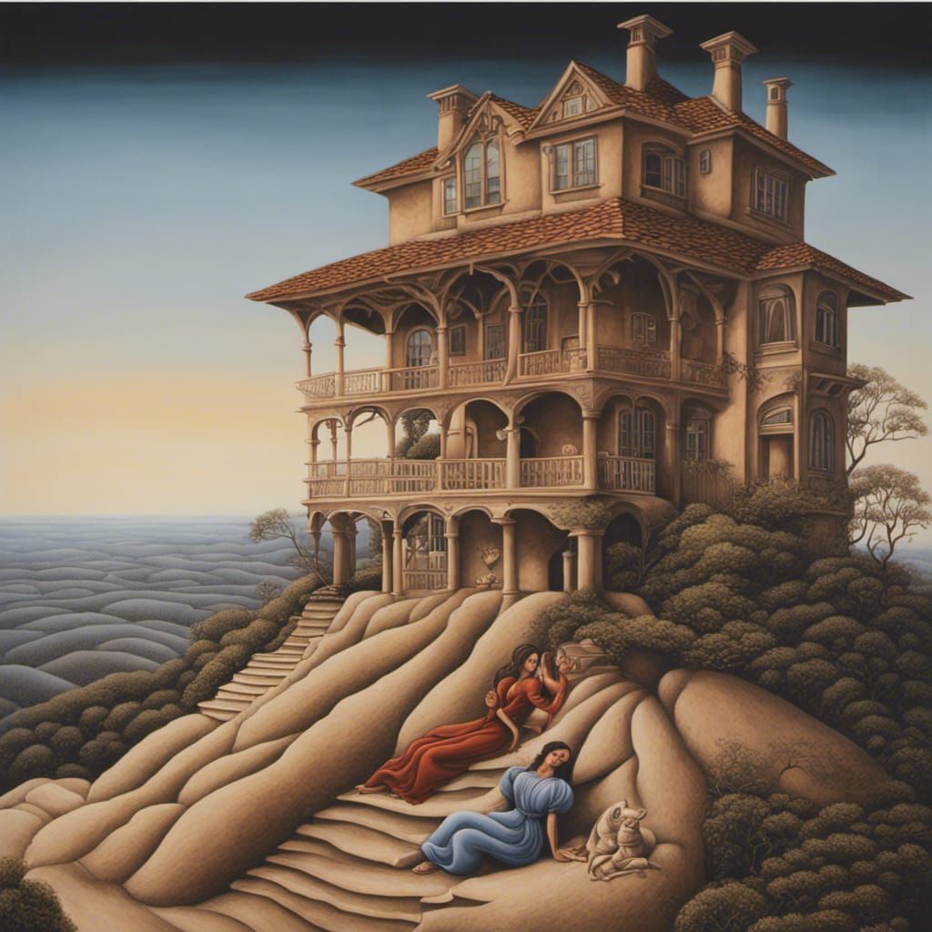 Serene Hilltop House with Women, Surrealist Style