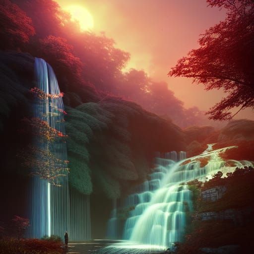 Sunset Waterfall: Hyperdetailed Photorealistic Fantasy Art