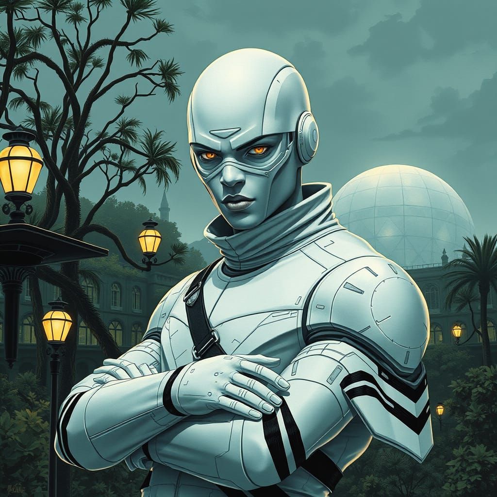 Cyberninja Albino Soldier in Futuristic Utopian City