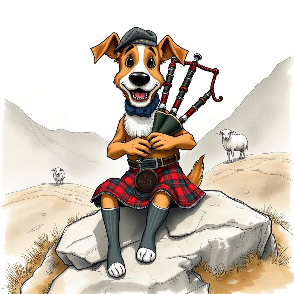 Cartoon Dog Playing Bagpipes in Scottish Highlands