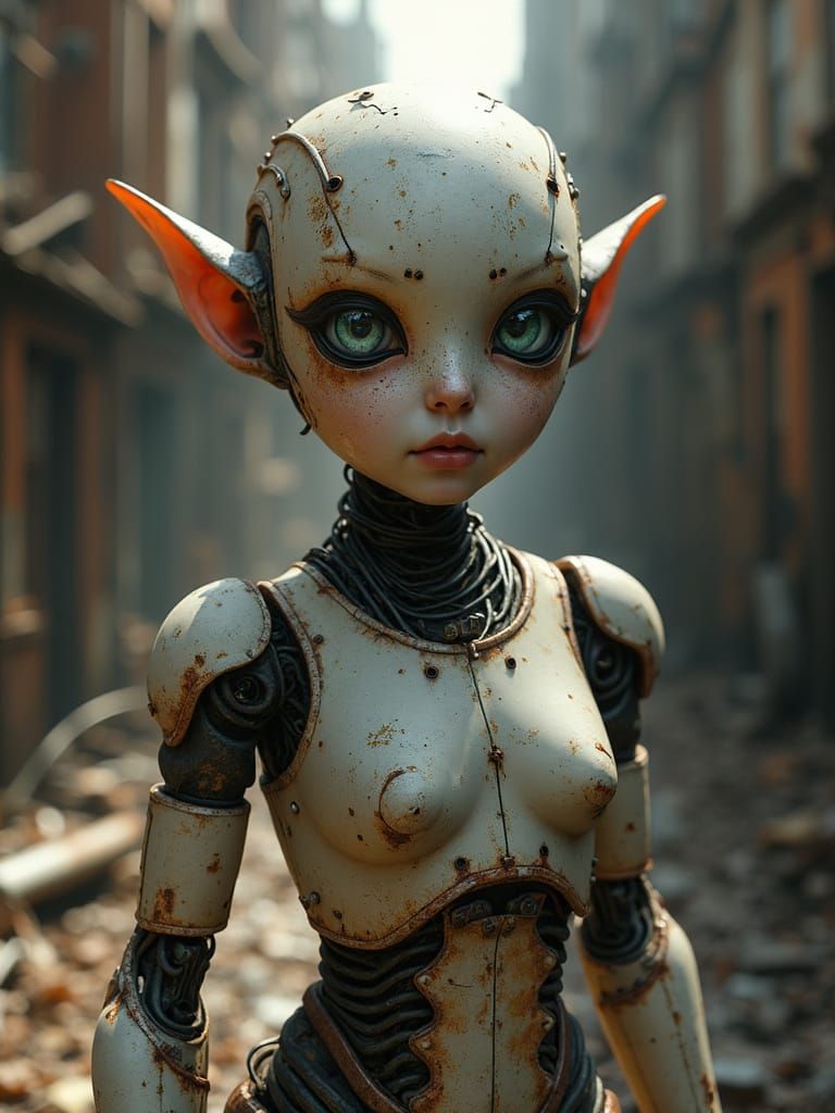 Rusted Robotic Elf in Surreal Scrapyard