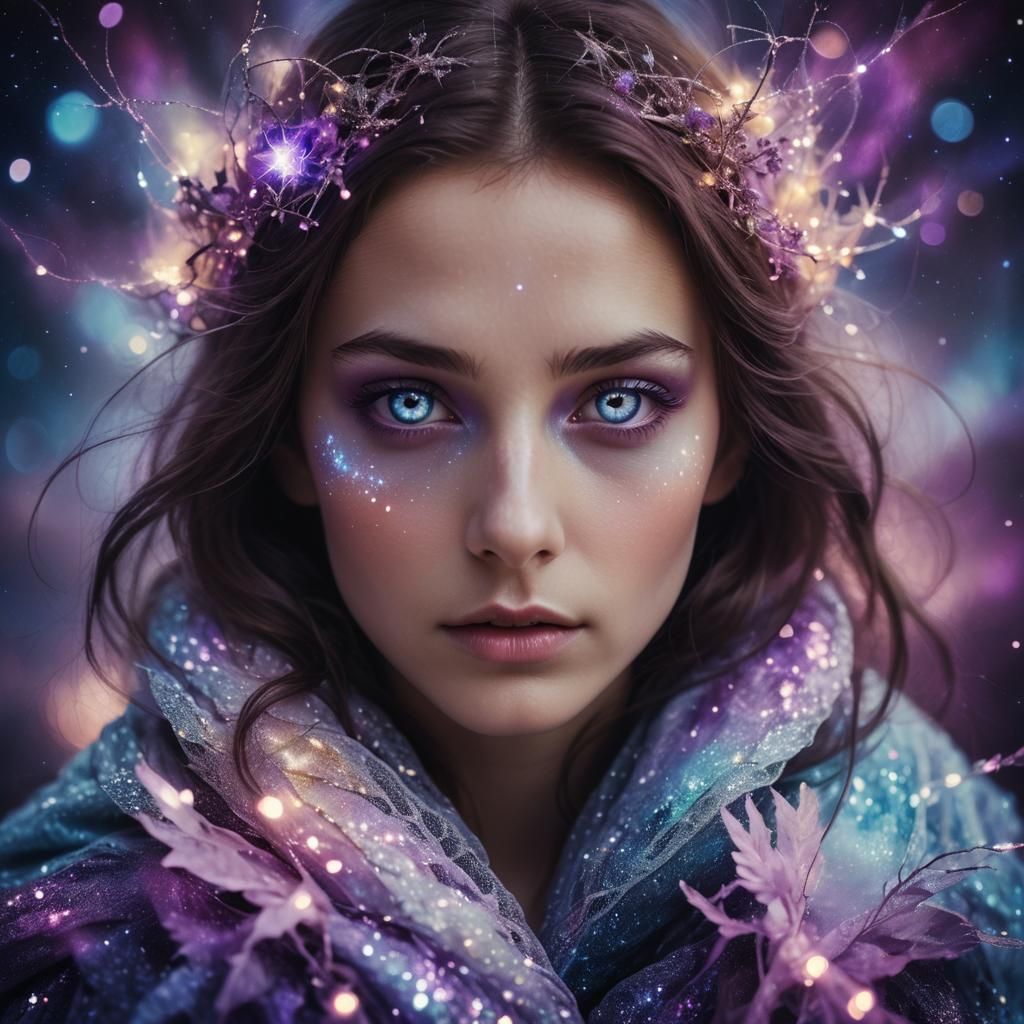 Ethereal Woman with Tinted Eyes in Cosmic Surrealism