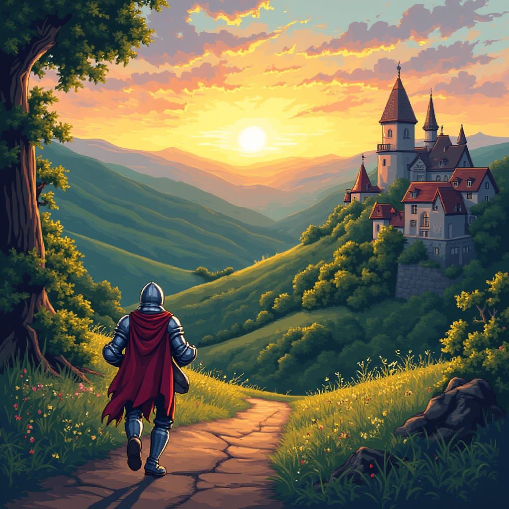 Knight Returns Home in a Vibrant Medieval Landscape, Inspire...