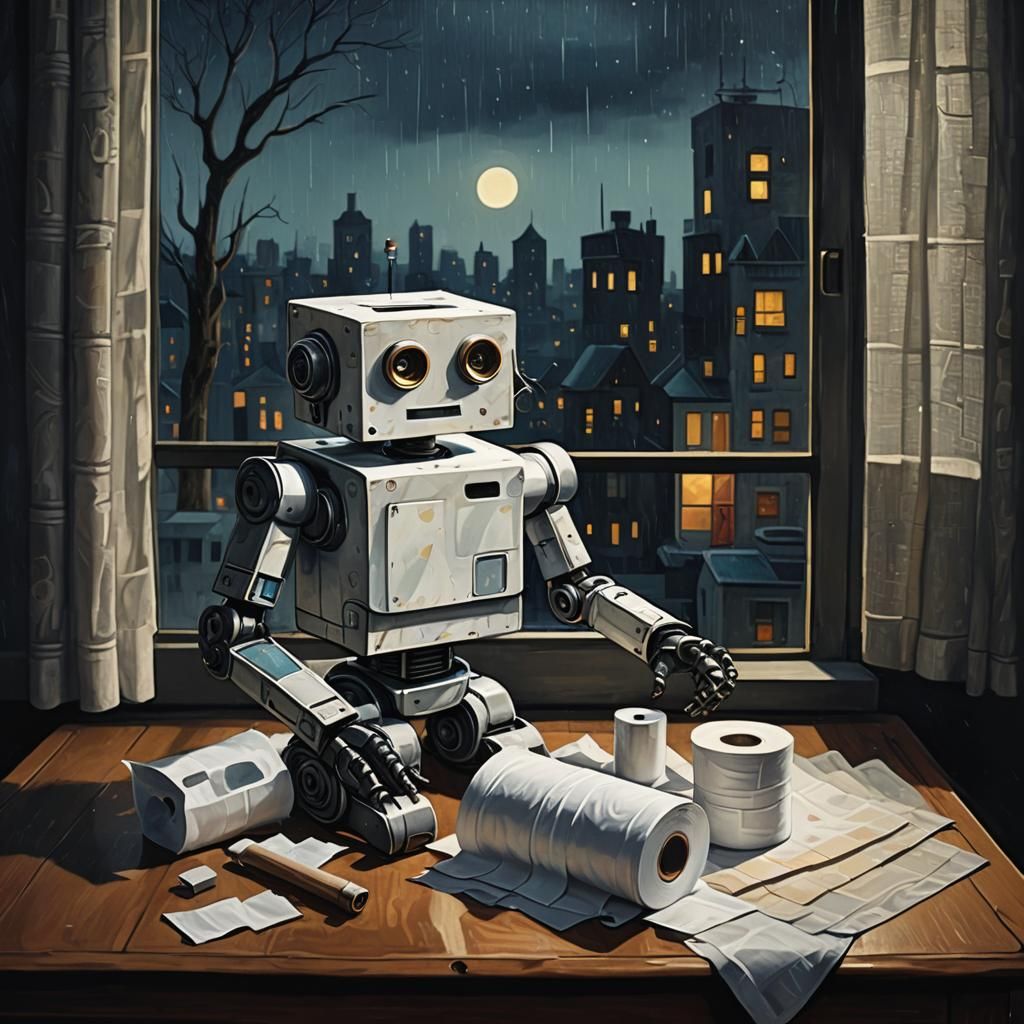 Robot and Toilet Paper Still Life, Oil Painting