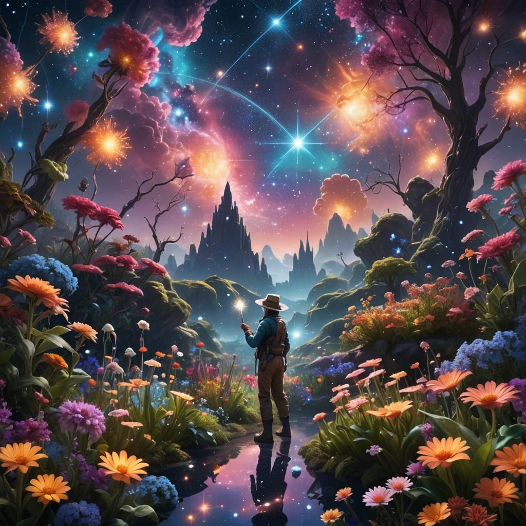 Mystical Cosmic Garden with Star Flowers