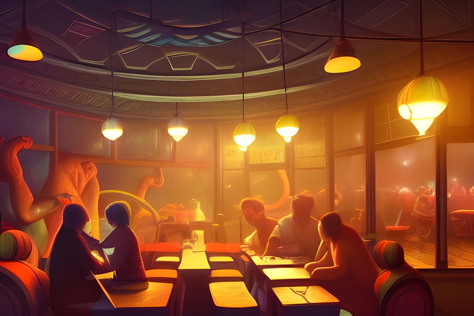 Vivid Cartoon Night Cafe Digital Painting