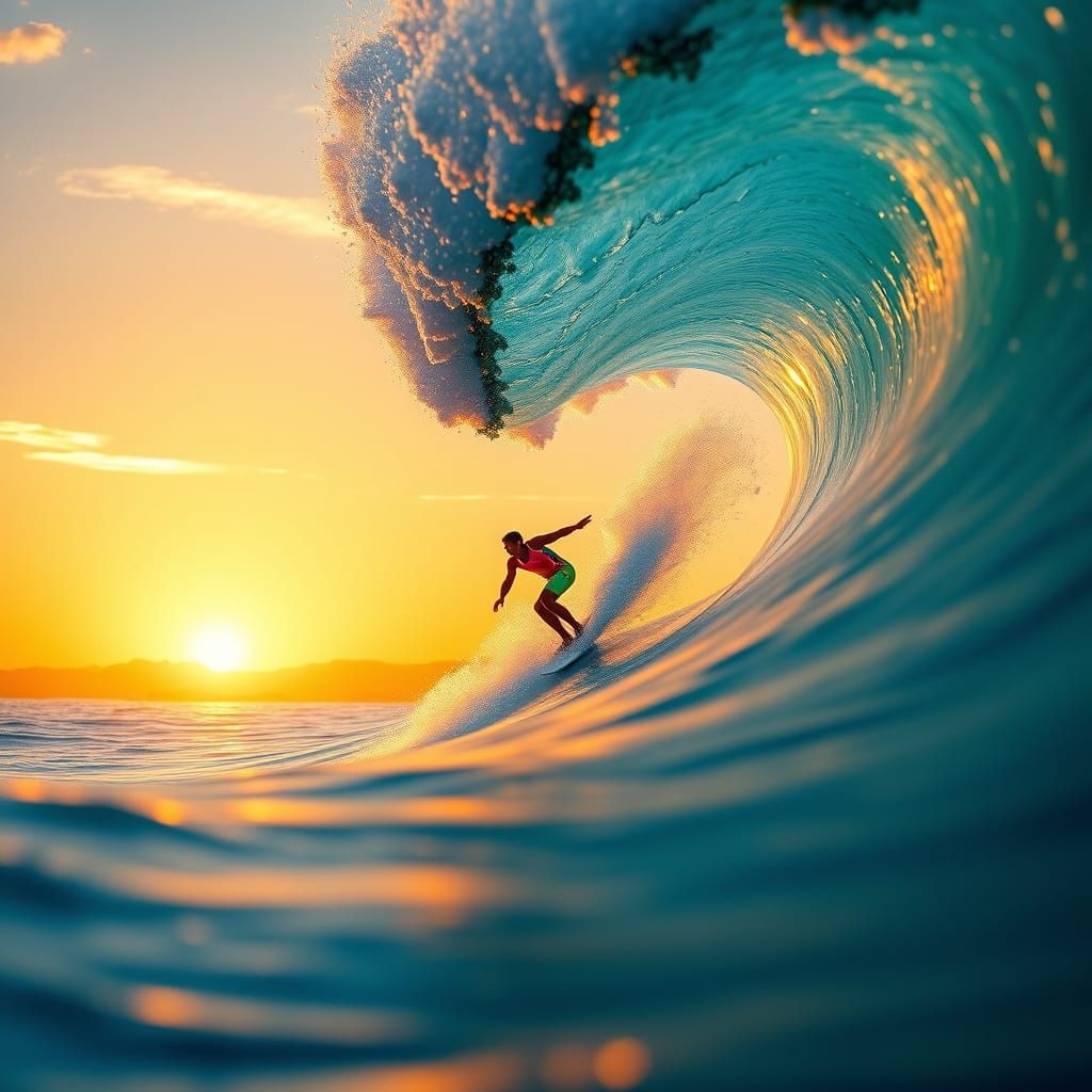 Surfer Rides Colossal Wave at Sunset