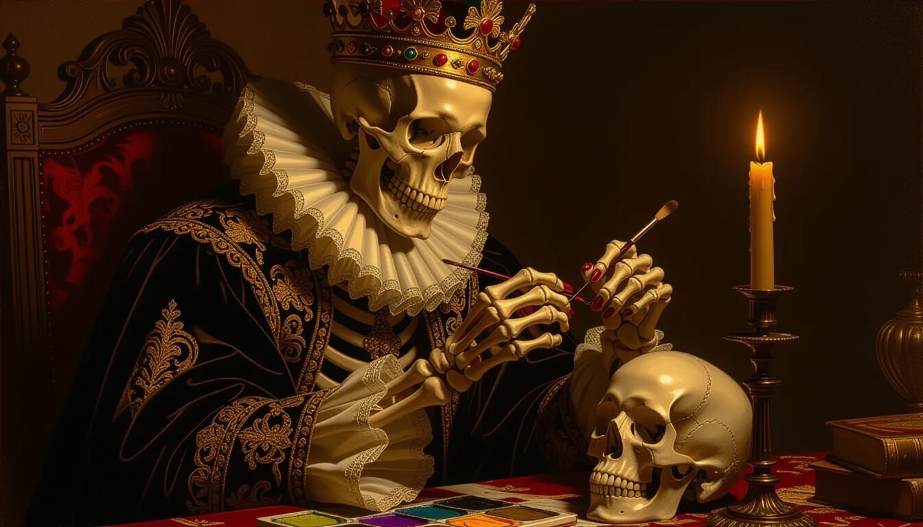 Regal Skeleton King Painting Nails in Chiaroscuro Style