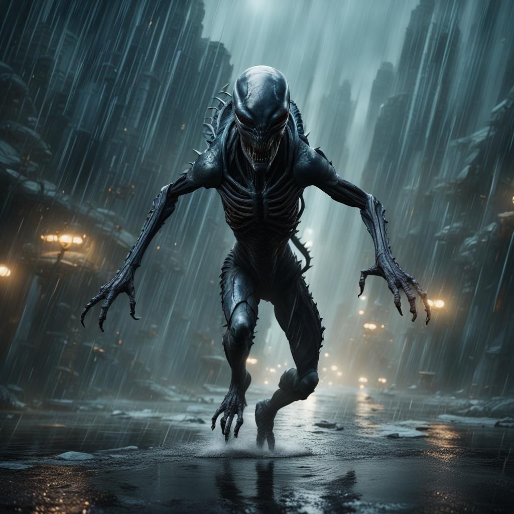 Alien Xenomorph Running in Rain: Detailed Matte Painting