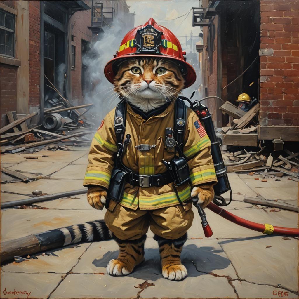 Fireman Cat in Oil Painting Style