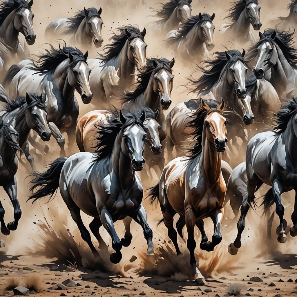 Wild Horses Galloping: Dynamic Charcoal Graffiti Art