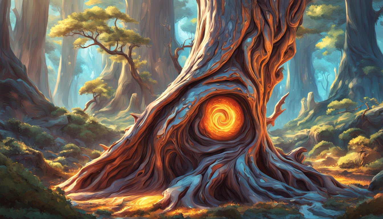 Vibrant Tree Trunk Portrait in 3D Anime Style