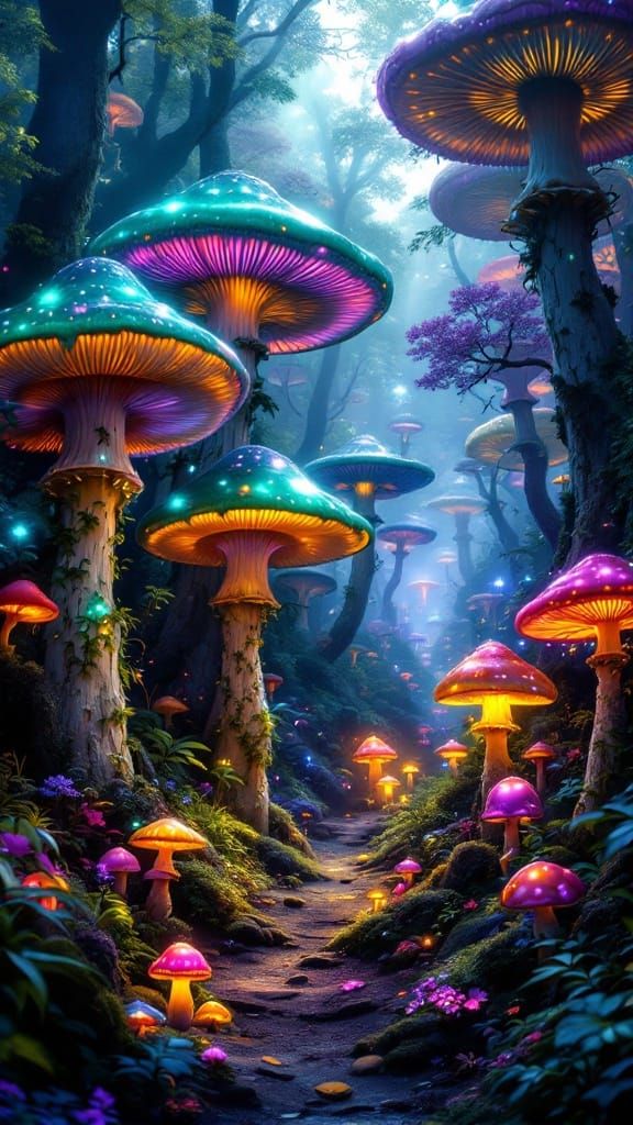 Enchanted Mushroom Forest with Bioluminescent Light