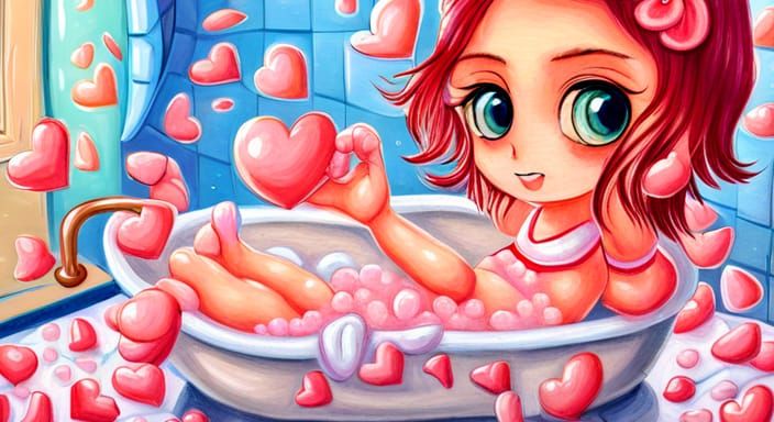 Chibi Girl's Kawaii Bubble Bath: Pointillist Oil Painting